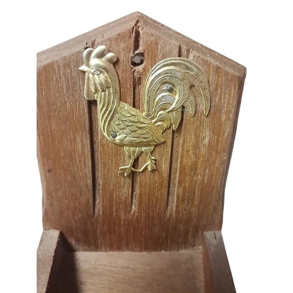 Vintage wooden toothpick dispenser/holder with a rooster emblem